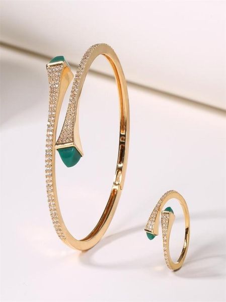 

romatic women fashion 2 pcs bracelet ring set candy color stone simple design gold open cuff bangle ring jewelry set 22042696792605366471, Golden;silver
