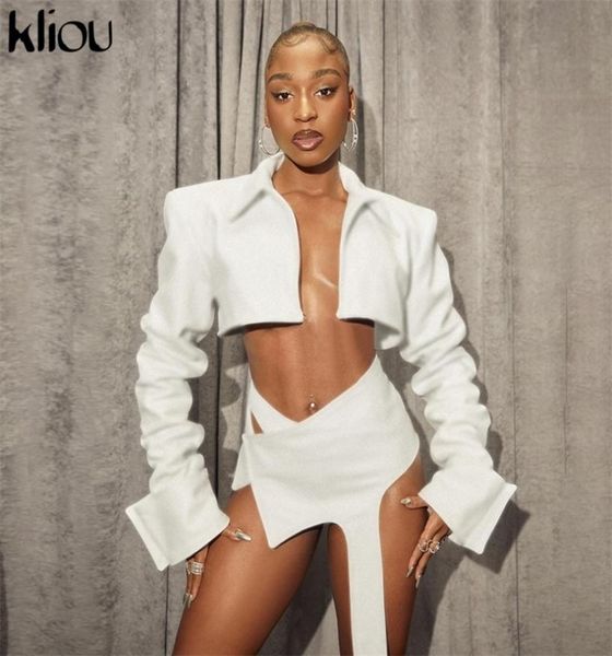 

kliou hipster y2k two piece set women skirt solid epaulet long sleeve cardigan jacketultrashort irregular ribbons outfits 2202216713817, White