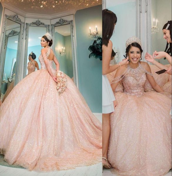 

2022 bling rose gold blush pink sequined lace quinceanera dresses high neck crystal beading off shoulder ball gown vestidos d7840859, Blue;red