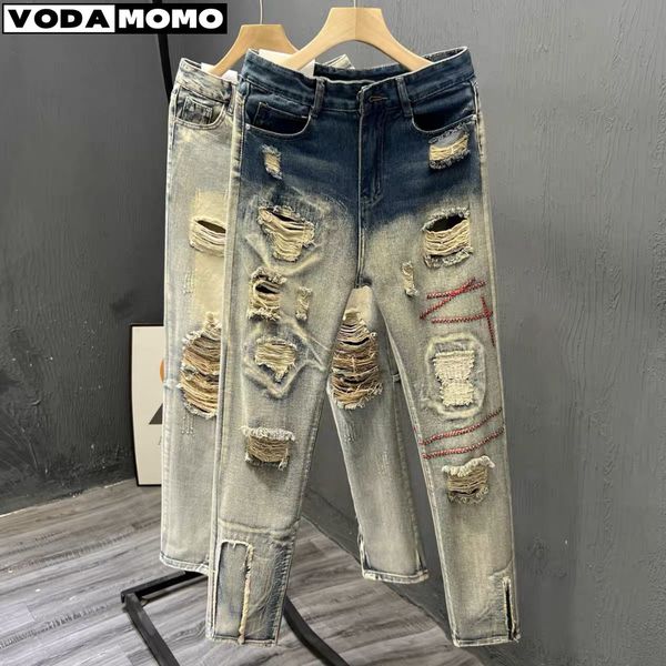 

men's jeans hole ripped jeans men slim fit skinny hip hop fashion streetwear patchwork elasticity gothic pants pantalon 230710, Blue