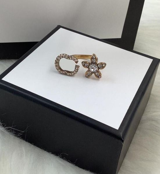 

double letter hollow rings designer rhinestone floral cluster ring for women birthday gift fashion accessories5429611, Golden;silver