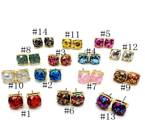 

fashion glitter druzy drusy square dot earring 14 color gold plated cute small shinny rainbow opal ear stud women fine jewelry t018053172, Golden;silver