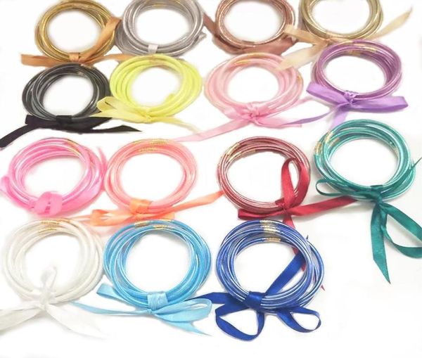 

glitter plastic bracelet sell 5pcs set all weather glitter bangles set glitter filled silicone plastic bowknot jelly summer b3279360, Golden;silver