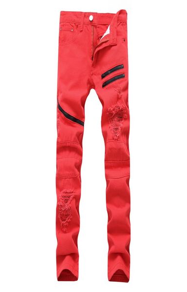 

red slim mens biker zipper jeans men clothing fit straight biker ripper zipper full length men039s pants casual long pants1294994, Blue