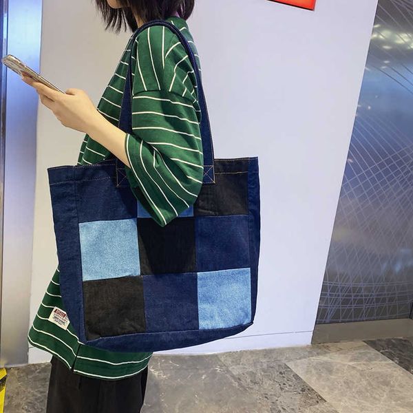 

color contrast denim cloth bag women's blue tote bag large capacity one shoulder portable bag women's casual small cloth bag
