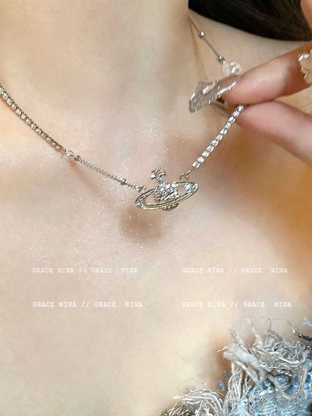 

cool and cute~slightly inlaid with zircon saturn necklace for female 2023 new high-end clavicle chain, Silver