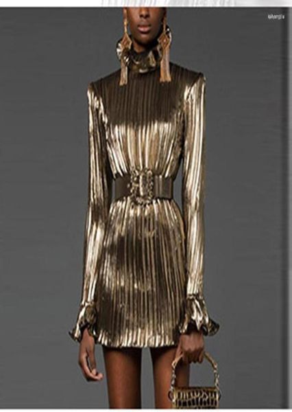 

casual dresses high street est fashion 2022 runway designer women39s sparkle gold long sleeve belted pleated party dress9506994, Black;gray