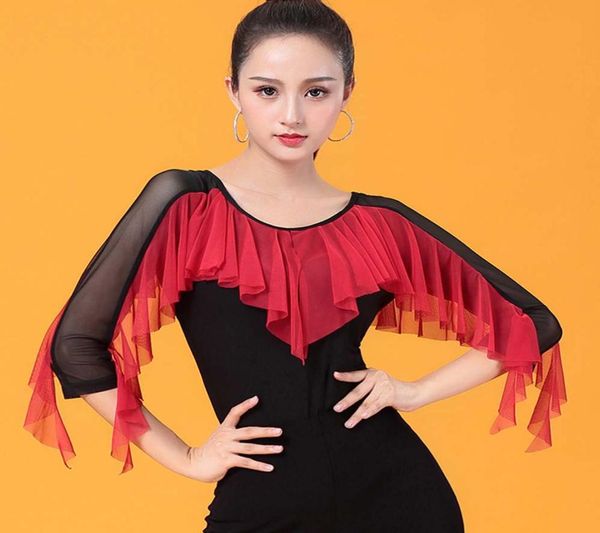 

latin ballroom dance shirts women dance for tango salsa fringe dancing latin dance costume d0960 with ruffles1711721, Black;red