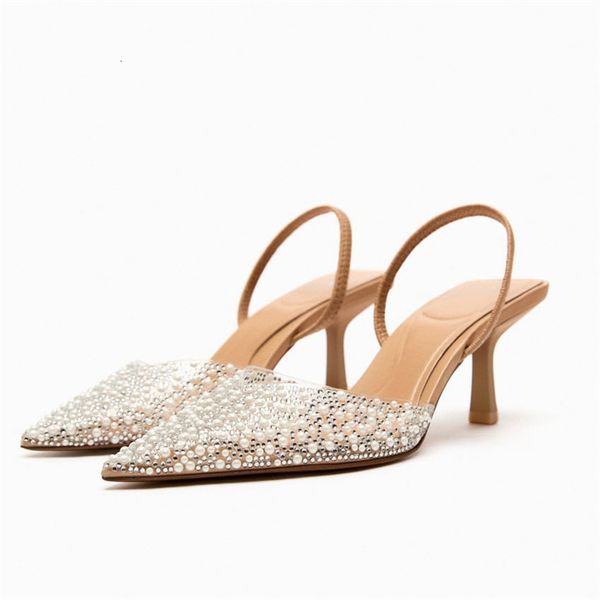 

sandals traf zaza women s pointed head high heeled summer 2023 woman shoes fashion pearl decoration slingback pumps 230711, Black