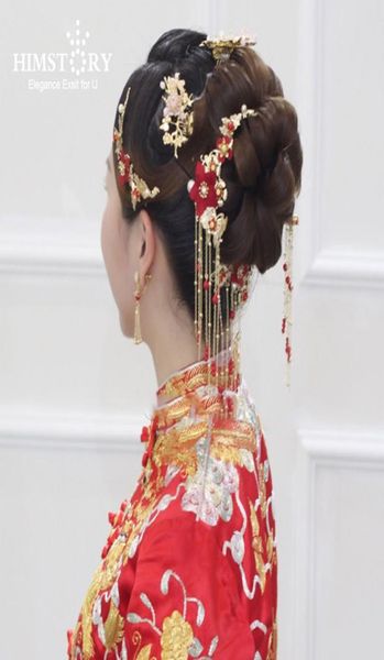 

traditional chinese bride headdress costume hairclips red flower hairpin wedding hairwear pography hair stick accessory8397077, White;golden
