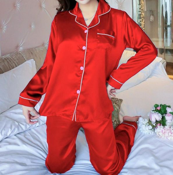 

pajamas sets women lapel imitation silk long sleeve home wear ladies mujer satin pants nightgown sleepwear autumn6642458, Black;red