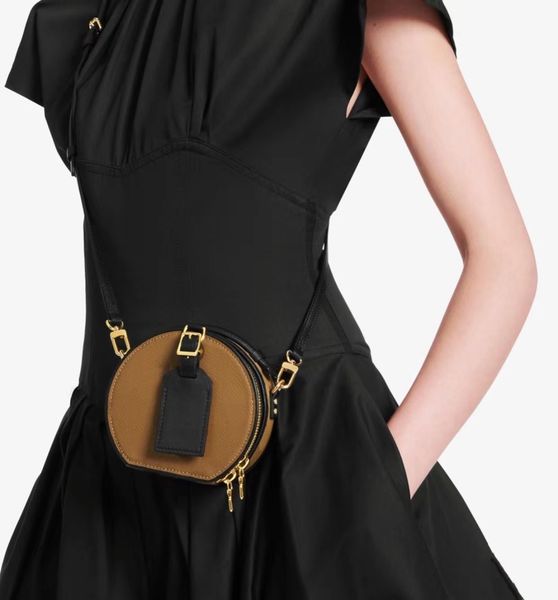 

5a mini petite boite chapeau round crossbody bag with adjustable leather strap original cowhidw trim canvas messenger clutch pouch shoulder