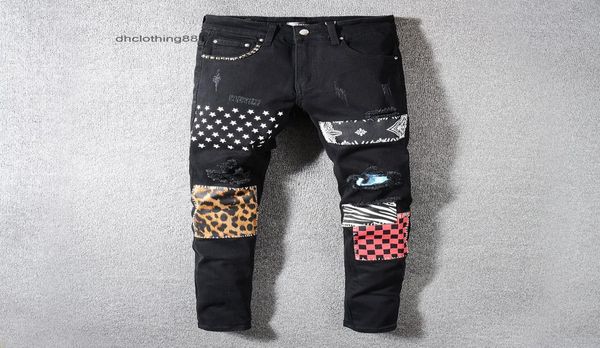 

designer men jeans amirs pants trend amirs high street tide brand black pasted cloth printed hole beggar pants men039s slim pan8276780, Blue