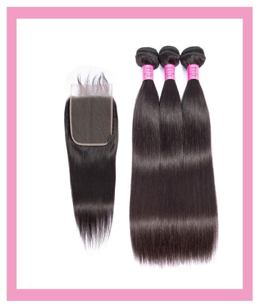 

indian straight human hair wefts 4 pieceslot bundles with 6x6 lace closure natural color 828inch three middle part7890874, Black;brown