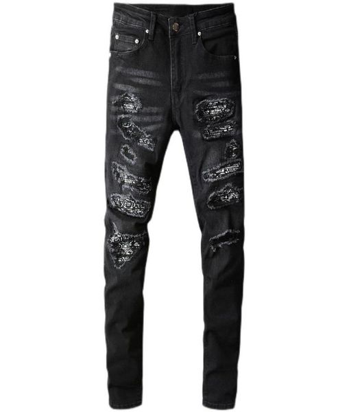 

men039s bandana paisley printed patchwork stretch jeans streetwear black denim pencil pants slim skinny ripped trousers 6691625252, Blue