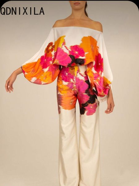 

women's two piece pants two piece women's set summer print wide leg women's pants set long sleeve slim fit casual style set 2, White