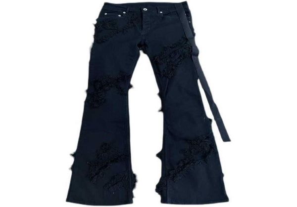 

men039s jeans torch self erosion and great damage fur whisker trim elastic leg long horn pants ro dark style6939679, Blue