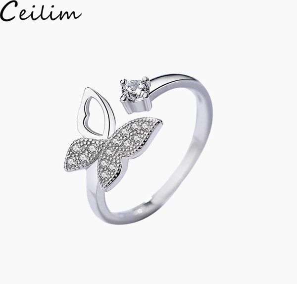 

fashion cubic zircon crystal butterfly rings for women platinum plated wedding rings jewelry open adjustable finger ring3282767, Silver