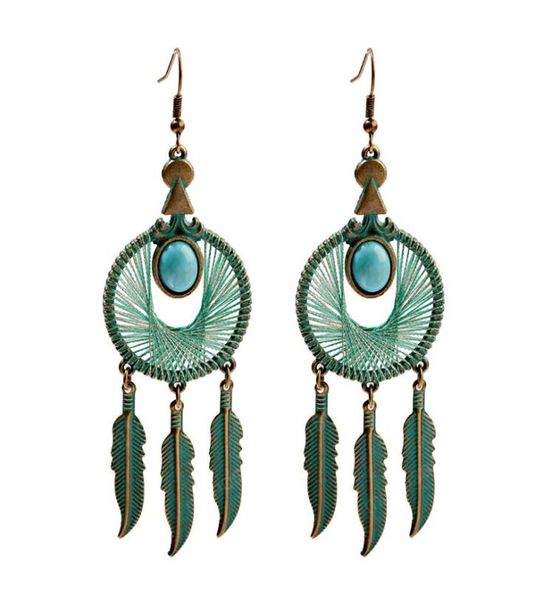 

bohemian green silk round leaf tassel drop earrings for women vintage stone boho indian jewelry6482290, Silver