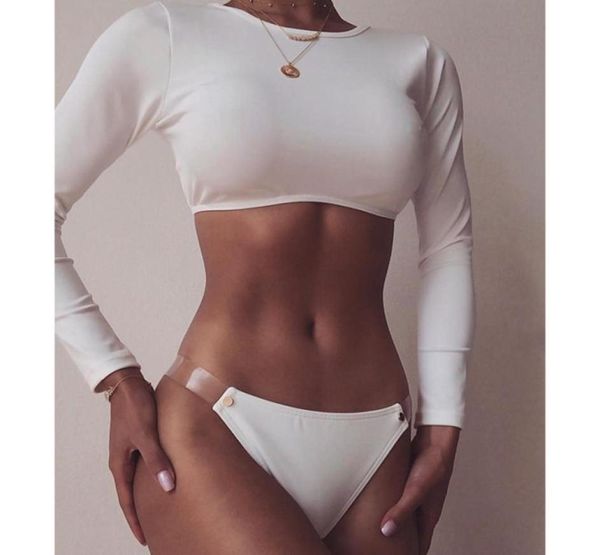 

2019 white long sleeve crop transparent strap bikini high cut swim4629339