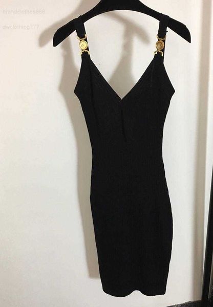 

women runway dresses v neck sleeveless knit slim dress female gold button long milan party clothing, Black;gray
