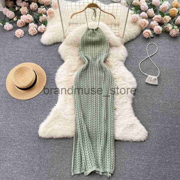 

basic casual dresses halter crochet bodycon dress cut out split dresses off shoulder backless boho beach vestido women french fashion sundre, Black;gray