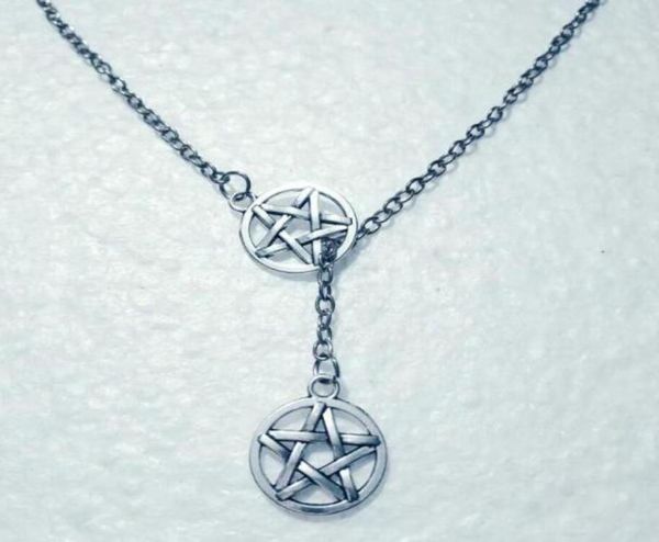

new wicca pagan jewelry gift vintage silver double pentagram star wiccan pentacle cross lariat pendant adjustable necklace 8653235682