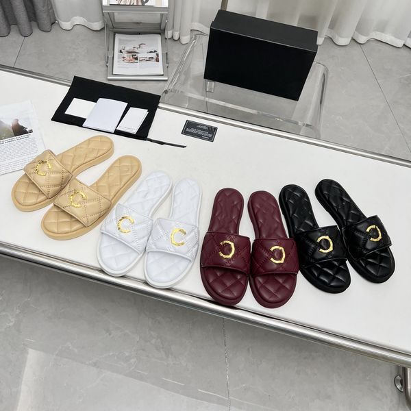 

35-43 women size quilted leather sandal gold interlocking c buckle slides padded cowhide platform mules brands slip flat slippers paris lady, Black