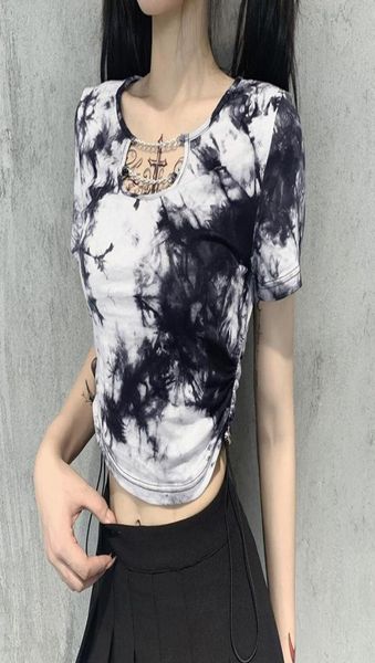 

women039s tshirt y2k hollow out women tshirts harajuku gothic clothes red black tie dye chain short sleeve drawstring tshirts6137389, White