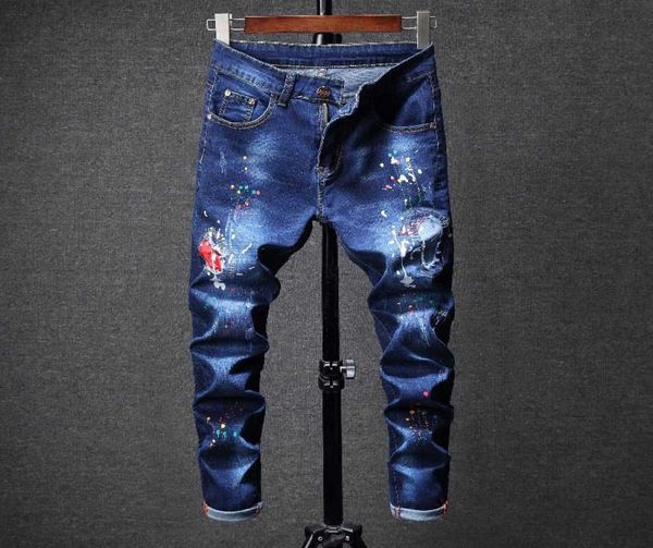 

2018 men print jeans printing denim pants casual fashionable pencil pants mid waist colorful 4362652, Blue
