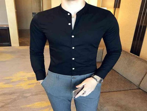 

men black casual shirt long sleeve white dress shirts slim fit male stand collar spring solid color blouse 2103316215572, White;black