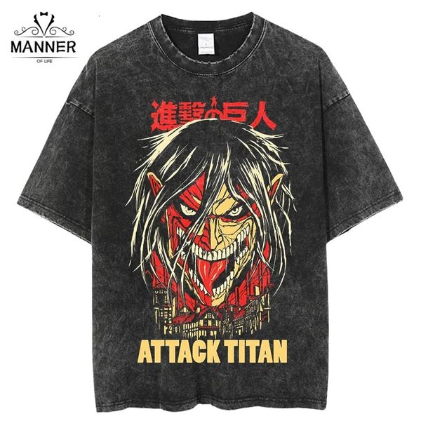 

men's tshirts anime attack on titan acid wash t shirt black graphic summer hip hop oversized 100 cotton manga vintage tees for man 230, White;black