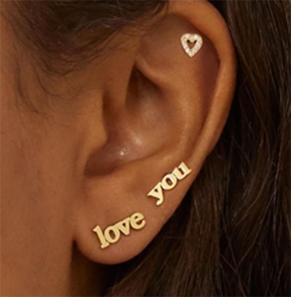 

new fashion love you heart stud earrings for women vintage rhinestone heart letter cartilage earrings set statement jewelry 20206539510, Golden;silver