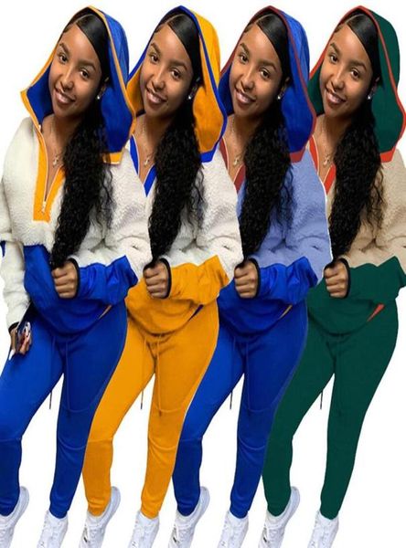 

women tracksuit berber fleece 2 piece set sports suit hooded sweater pants sweatsuit hoodies leggings outfits zip collar outwear f9046577, White