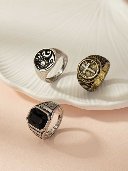 

3pcs fashionable vintage mixed style ring set for men with cross detail, Silver