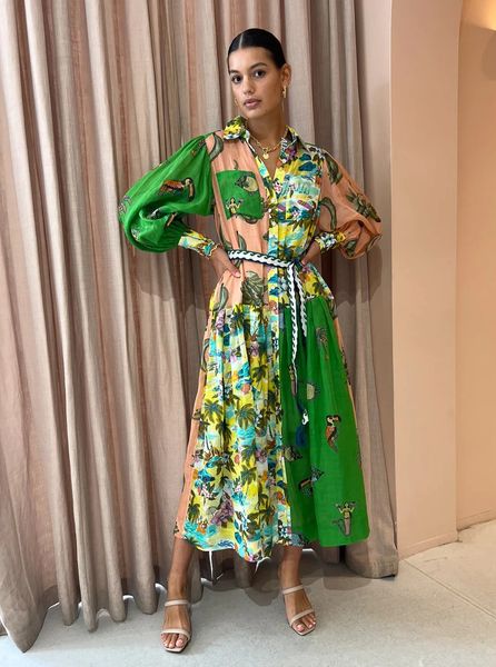 

basic casual dresses print holiday women beach dress with belts long lantern sleeve mermaid ocean floral dresses single breasted a-line plea, Black;gray