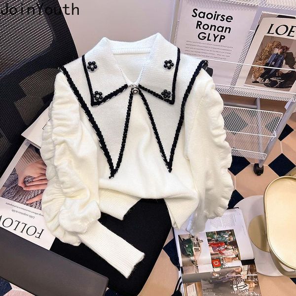 

sweaters sweet sueter mujer temperament pullovers women peter pan collar beading pull femme fashion casual knitted y2k sweater jumper, White;black