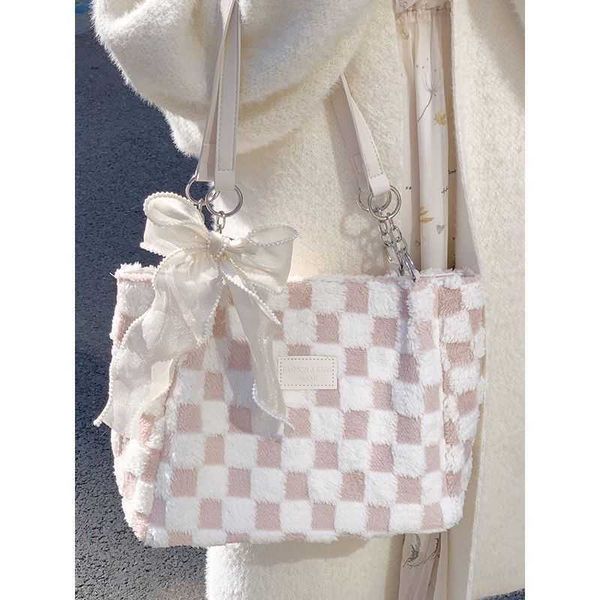 

designer bag large capacity plush bag for women in autumn and winter new niche commuting checked shoulder bag for students in class tote bag