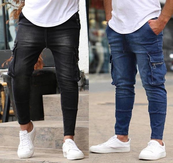 

black joggers pencil pants men gym fitness jeans male multipocket casual skinny pants pocket zipper slim fit work6982653, Blue