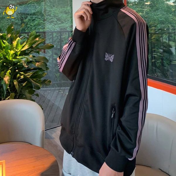 

mens jackets quality black needles men women casual fashion streetwear butterfly embroidery side webbing striped coat 230710, Black;brown