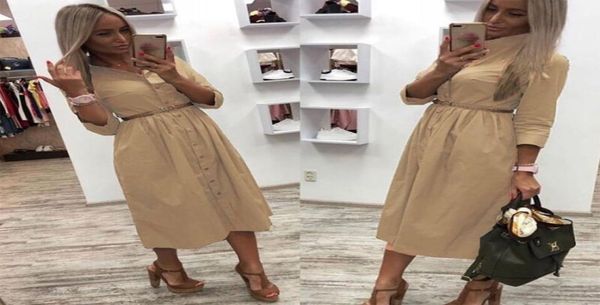 

women casual sashes a line party dress ladies button turn down collar style shirt dress 2020 summer solid knee7664155, Black;gray