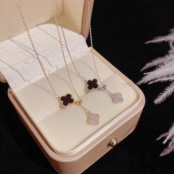

2022 summer new style fashion simple diamond set four leaf flower drawable necklace women's small design collar chain, Silver