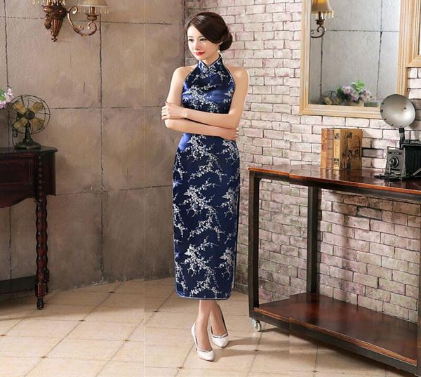 

casual dresses navy blue long cheongsam traditional chinese style womens backless costume dress slim qipao vestido size s  l xl x5354381, Black;gray