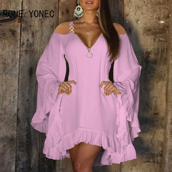 

basic casual dresses 2023 women zipper decoration off shoulder vneck ruffle hem bell sleeve dress 230710, Black;gray