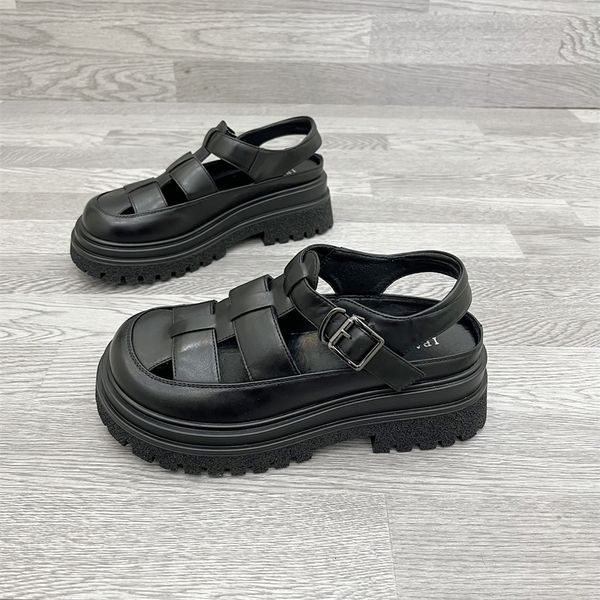 

sandals leather women's sandals summer korean thick sole promotion roman sandals belt buckle women's pig cage shoes hole shoes wom, Black