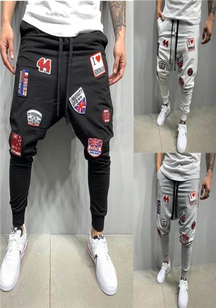 

casual pencil pant flag print skinny embroidery hip hop trousers mens black male fashion nightclub sports street wear1199768, Blue