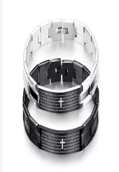 

titanium steel black cross bracelet english bible lord039s prayer charms cuff inlaid magnet bracelet for men couples gift jewel9170109