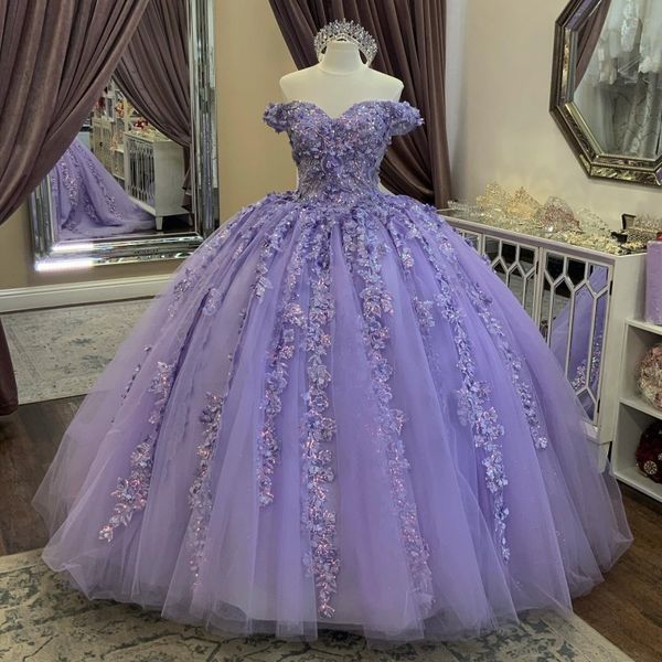 

lavender off the shoulder princess ball gown quinceanera dresses vestidos de 15 anos party 3d flower beading 16 birthday gowns, Blue;red