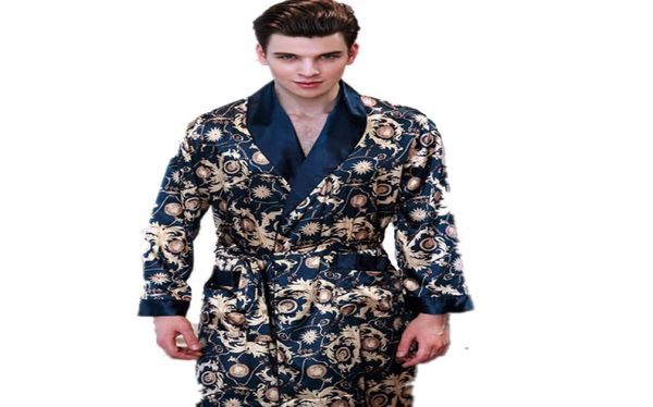

new summer satin robes male dressing gown men039s long sleeve silk print paern bathrobe leisure kimono home men5190777, Black;brown