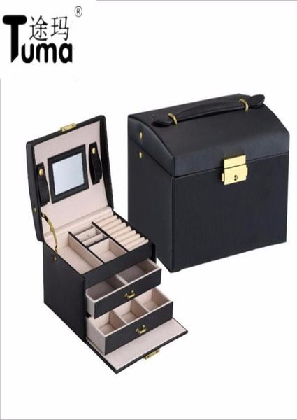 

three layers 2019 classical leather jewelry box jewelry exquisite makeup case jewelry organizer fashion gift box t1908179580, Black;white